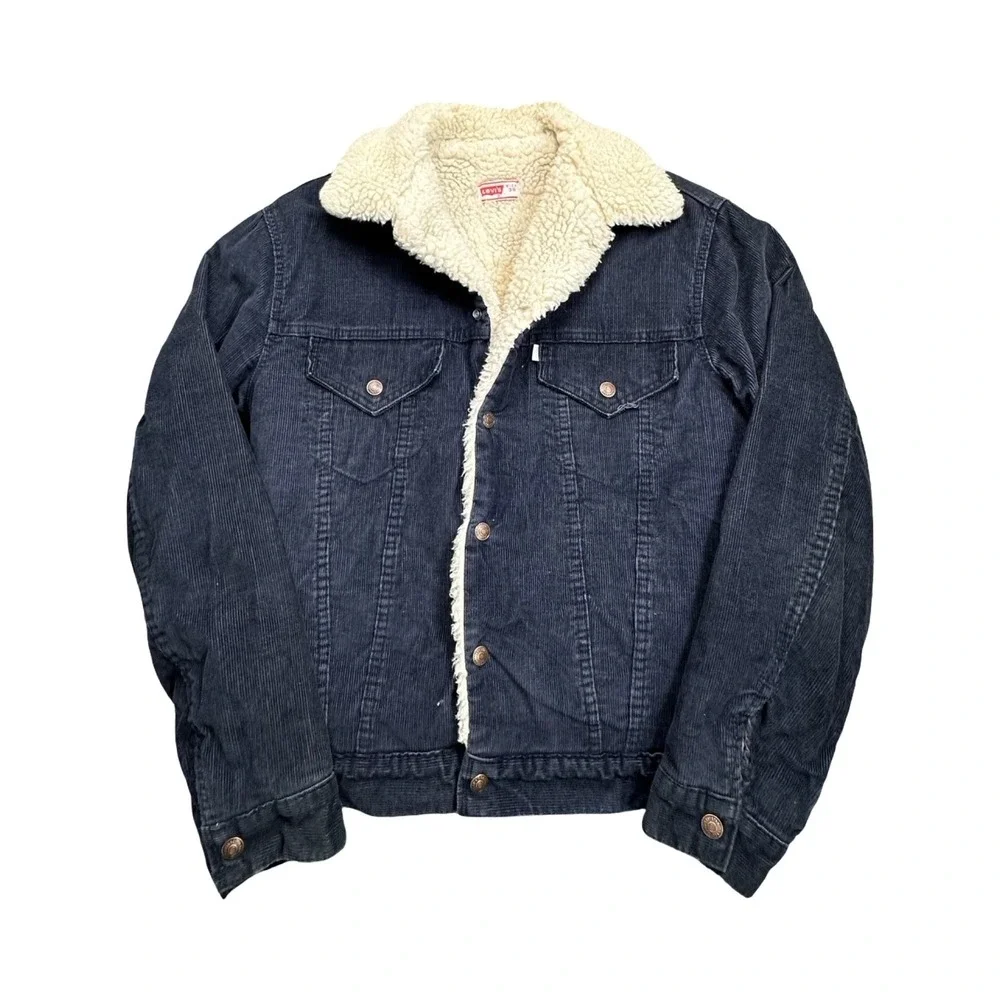 Levis Sherpa Lined Jacket Mens 38 Black Corduroy Trucker Vintage Style USA 80's